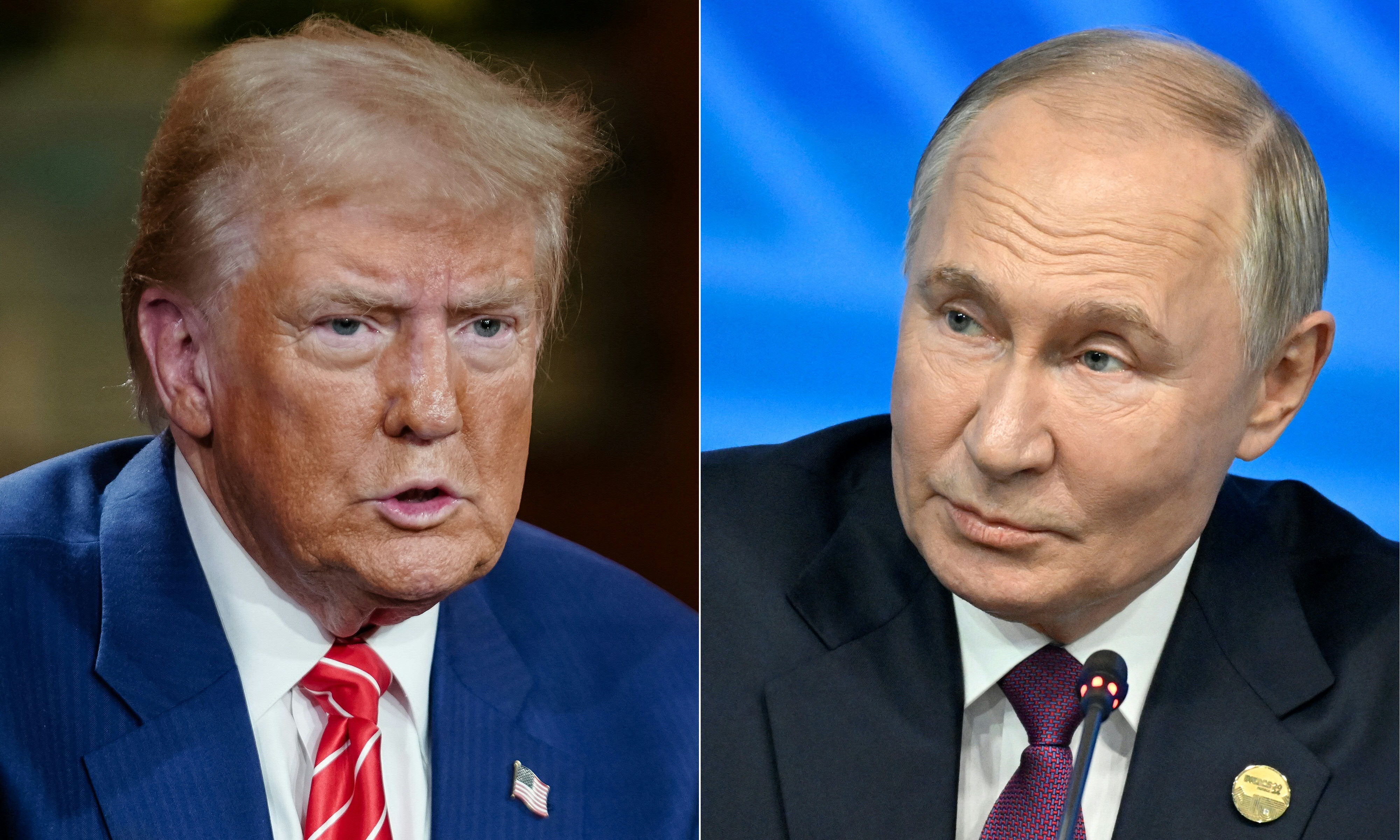 (FILES) (COMBO) This combination of pictures created on November 07, 2024 shows former US President and Republican presidential candidate Donald Trump (l) attends a Fox News Townn Hall moderated by US television host Harris Faulkner (out of frame), in Cumming, Georgia, on October 15, 2024, and Russia's President Vladimir Putin (R) speaks during the BRICS summit in Kazan on October 24, 2024.