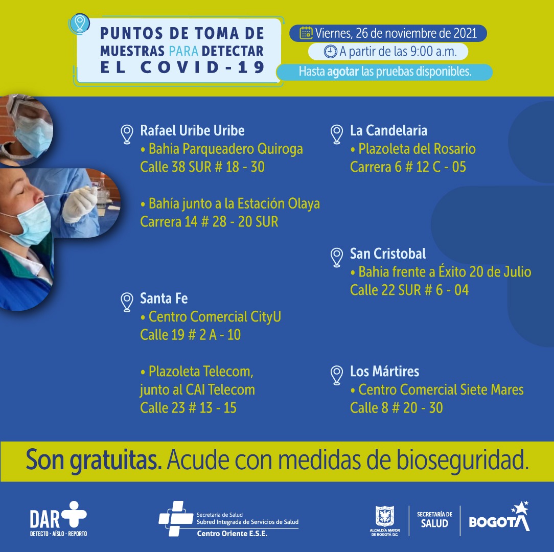 En estos puntos habrá pruebas gratuitas para Covid-19 este viernes en Bogotá.