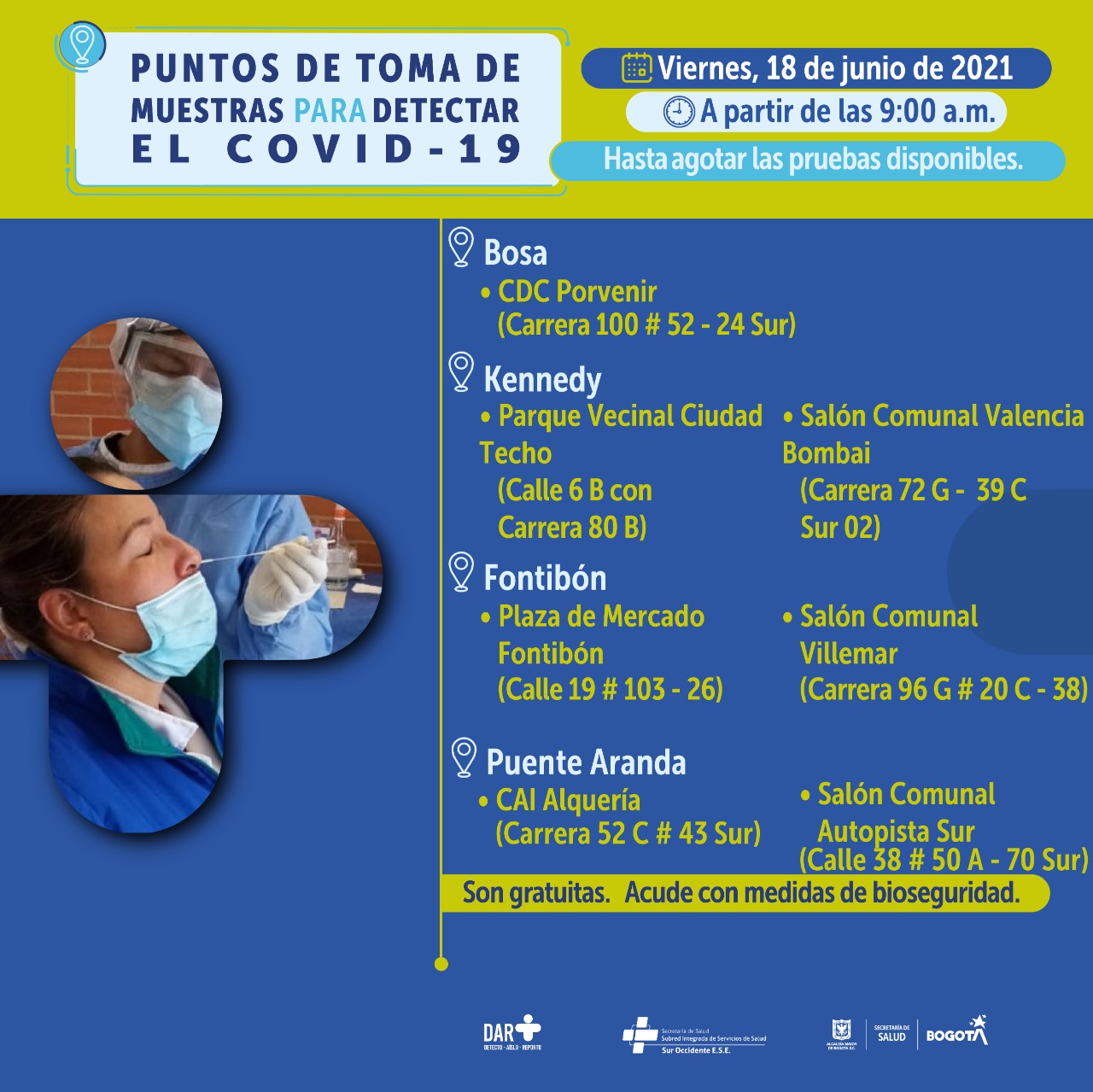 Pruebas COVID-19 en Bogotá: estos son los puntos para este viernes 18 de junio
