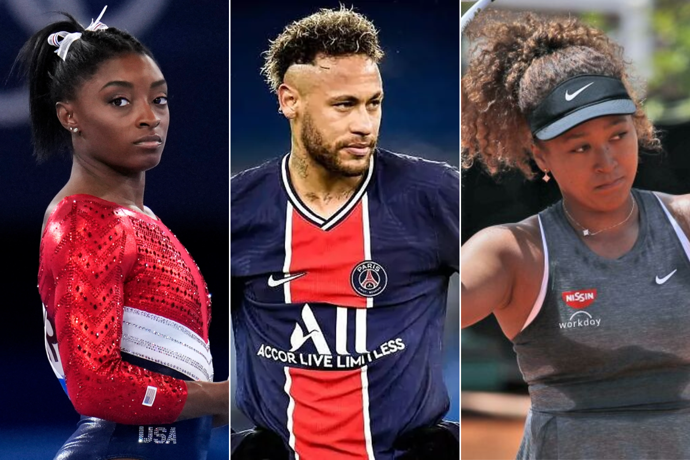 La gimnasta Simon Biles (i), el futbolista Neymar y la tenista Naomi Osaka.