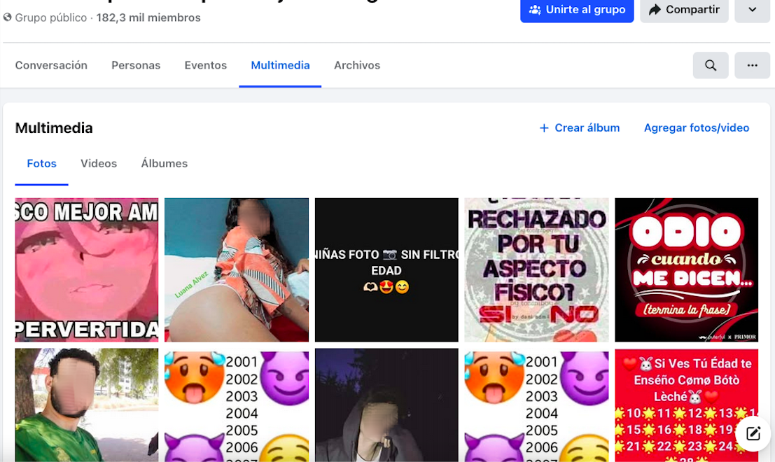Capturas de pantallas de grupos de Facebook que estaban originalmente dedicados al cantante Xavi, a fondos de pantalla, a frases interesantes y a BTS, pero que ahora se dedican a difundir retos que buscan contenido sexual explícito.
