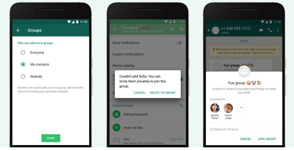 En caso de que el usuario ponga restricciones para que un tercero pueda agregarlo, Whatsapp informará al administrador del grupo que enviará una invitación a la persona, quien, por medio de la misma, podrá aceptar o rechazar la oferta.