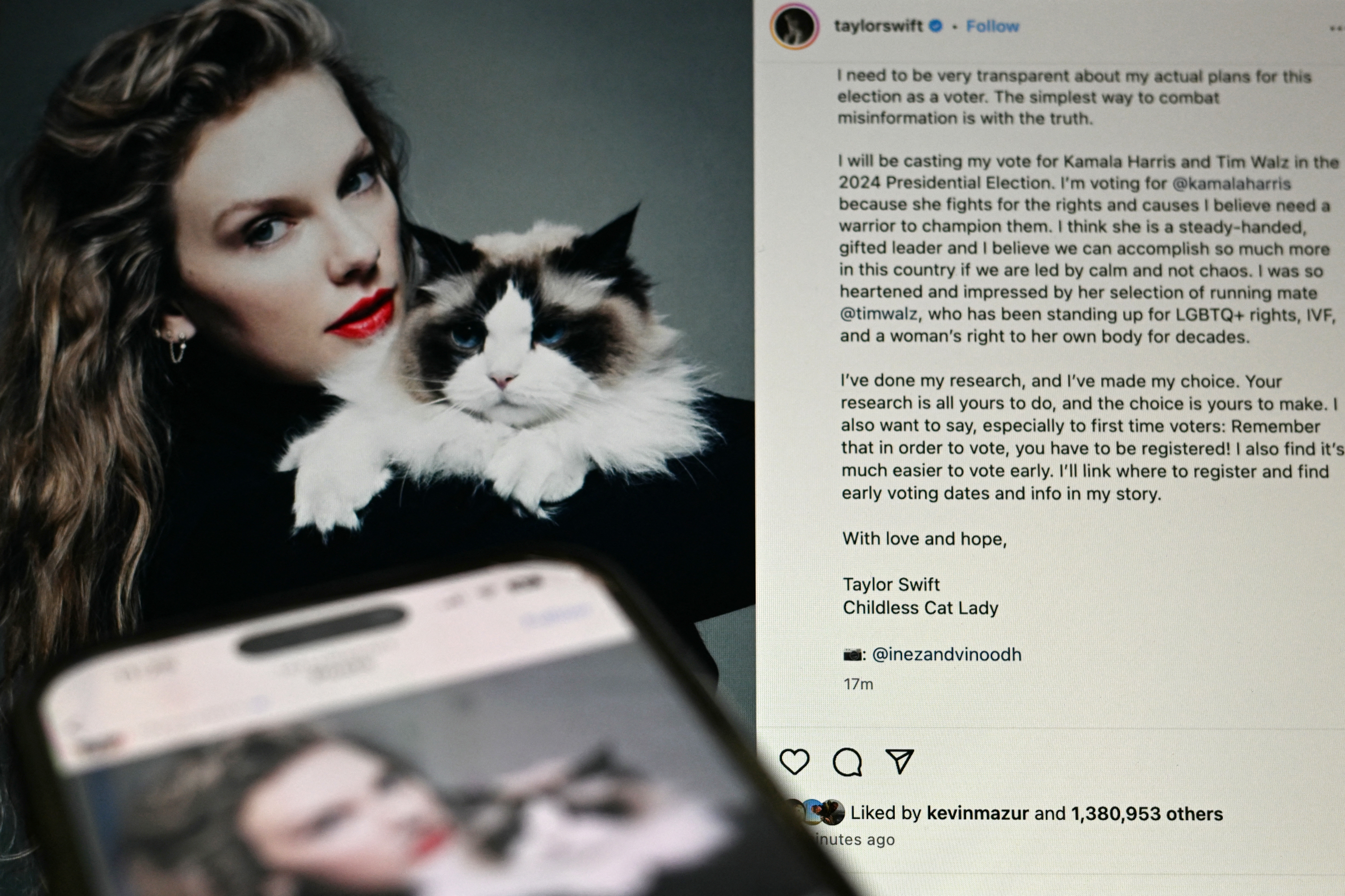 TOPSHOT - This illustration photo taken in Washington, DC on September 10, 2024 shows US singer Taylor Swift's Instagram post endorsing US Vice President and Democratic presidential candidate Kamala Harris.