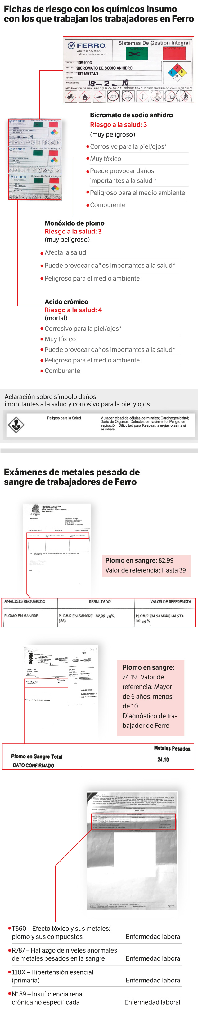 Hojas de seguridad de insumos y exámenes de sangre de trabajadores.