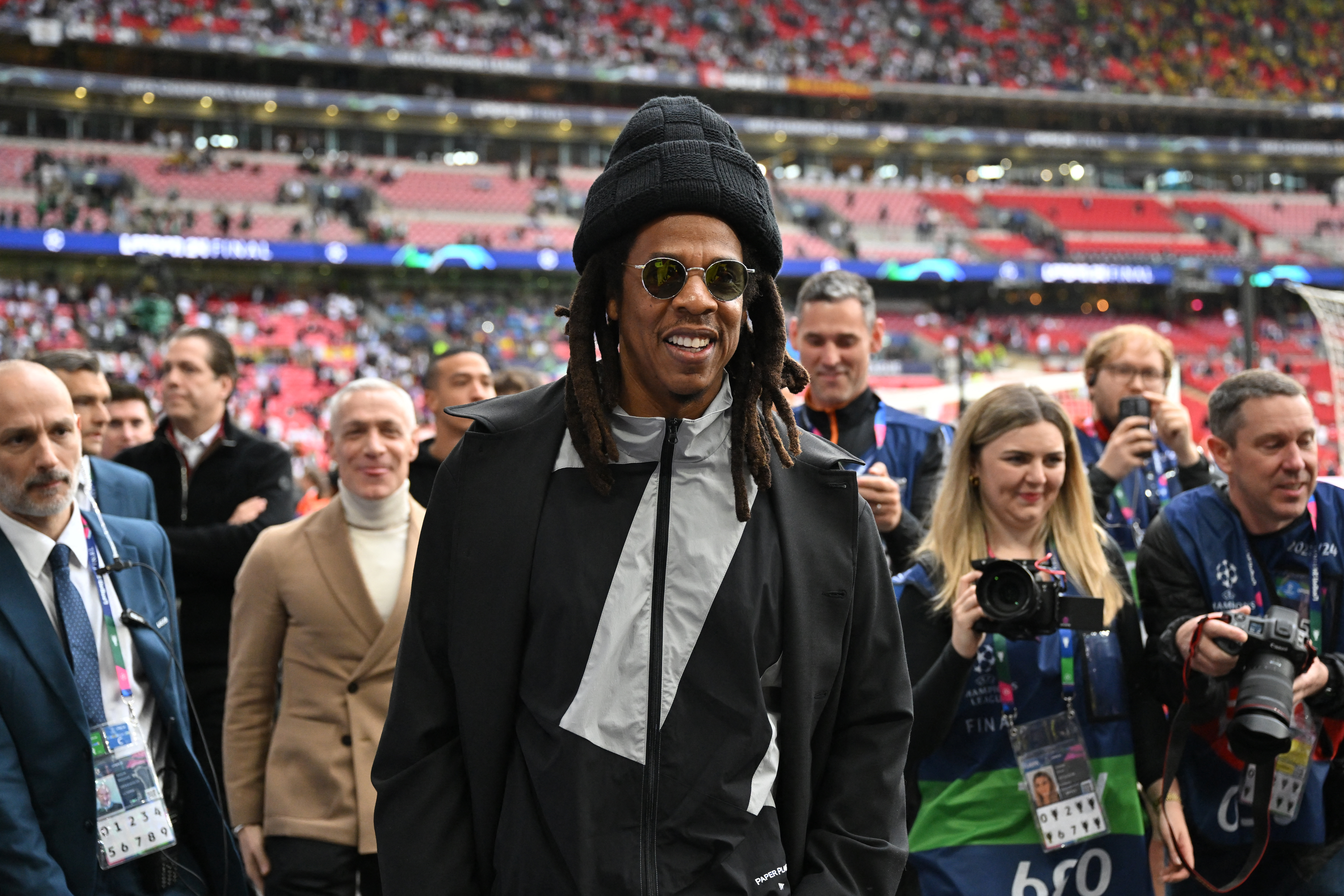 (FILES) US rapper Shawn Corey Carter aka Jay-Z reacts ahead of the UEFA Champions League final football match between Borussia Dortmund and Real Madrid, at Wembley stadium, in London, on June 1, 2024.