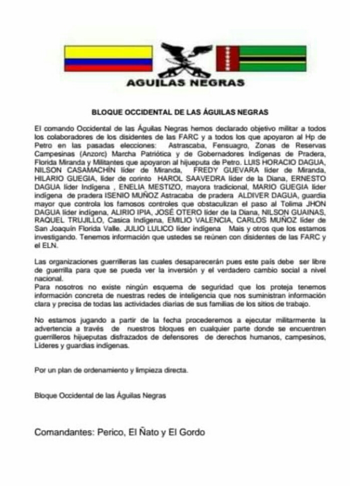 (Le puede interesar:Con panfleto, "Águilas Negras" amenazan a congresistas, periodistas y líderes sociales)