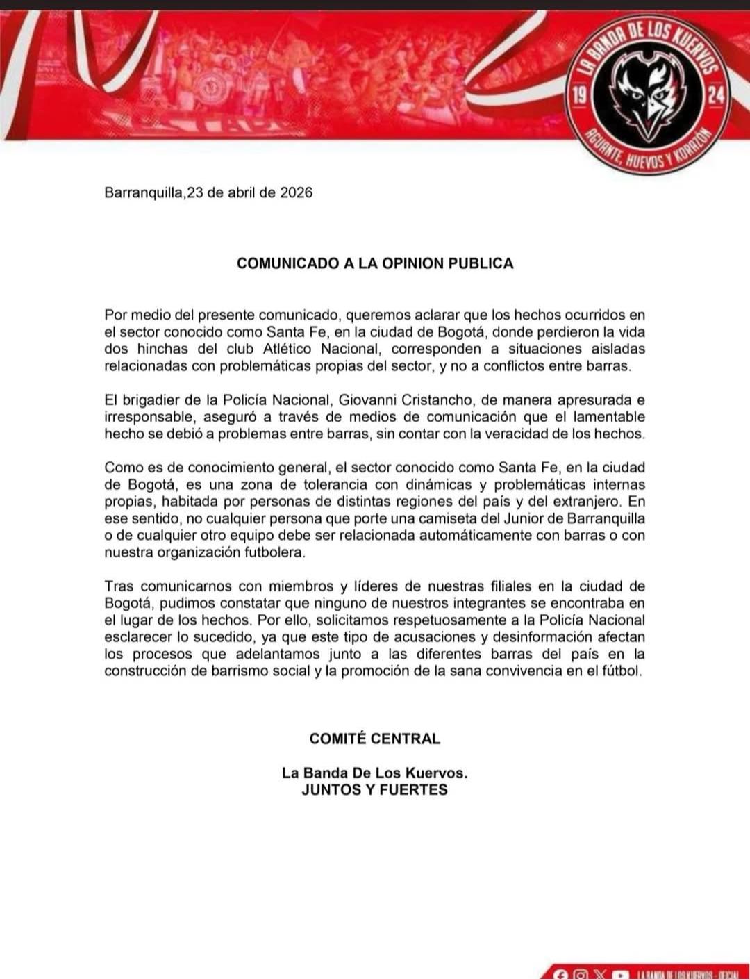 Comunicado La Banda de los Kuervos