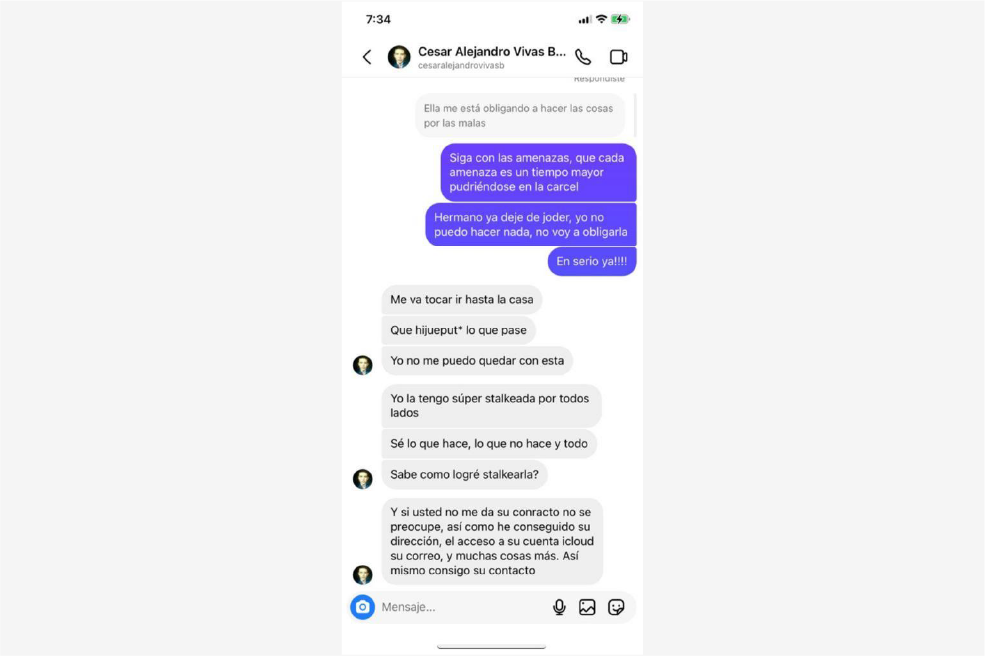 Pantallazo de un mensaje enviado por Cesar Vivas a una persona cercana a Lina Rezk.