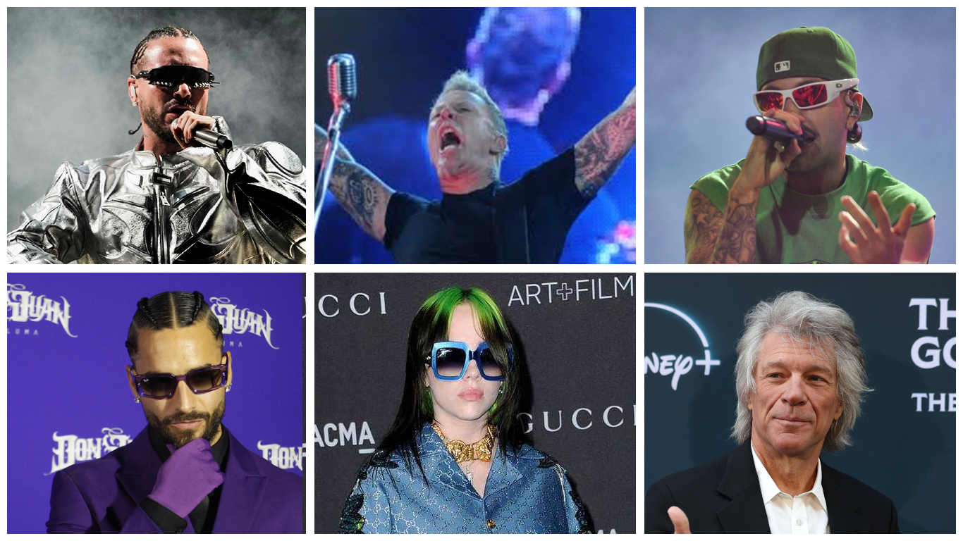 (Arr. de izq. a der) J Balvin, Metallica, Feid, (Aba. de izq. a der) Maluma, Billie Eilish y Bon Jovi son algunos de los artistas que estrenan sus producciones este viernes.