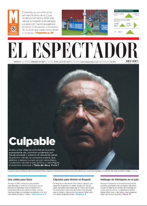 Portada de El Espectador en su edición del martes 28 de julio.