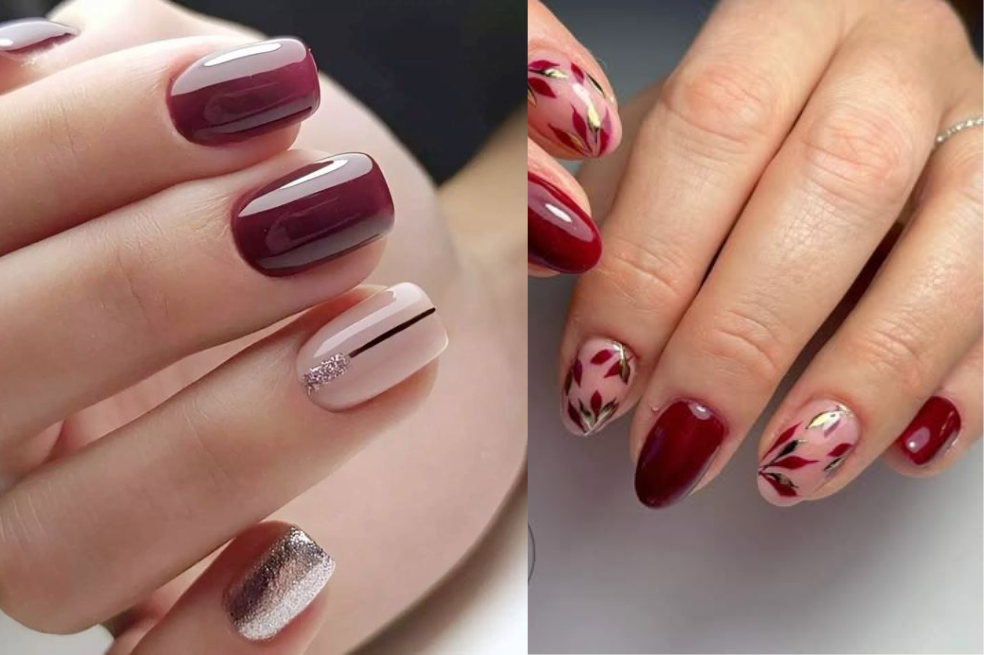 Uñas cortas pintadas de vinotinto con detalles decorativos en dorado o plateado, mostrando un diseño elegante y moderno.