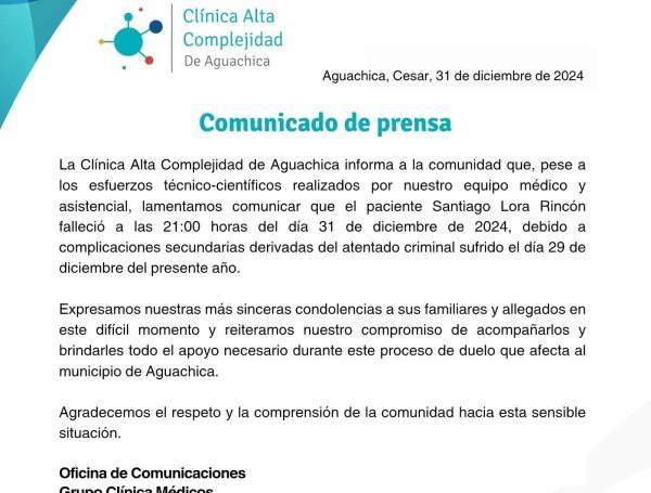 La Clínica de Alta Complejidad de Aguachica confirmó la muerte de Santiago Lora, cuarta víctima de la masacre del 29 de diciembre de 2024.