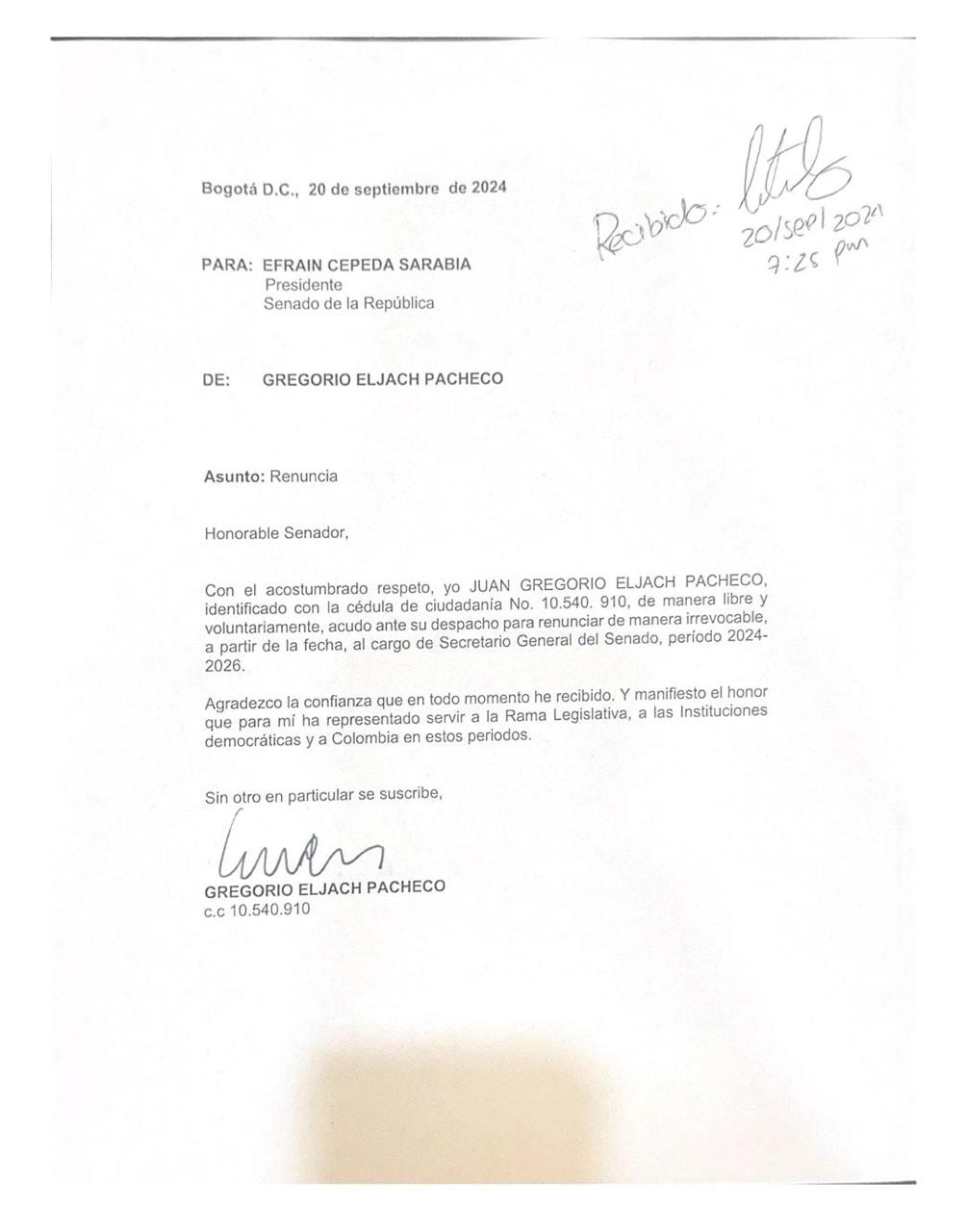 Carta de renuncia de Gregorio Eljach a la Secretaría del Senado.