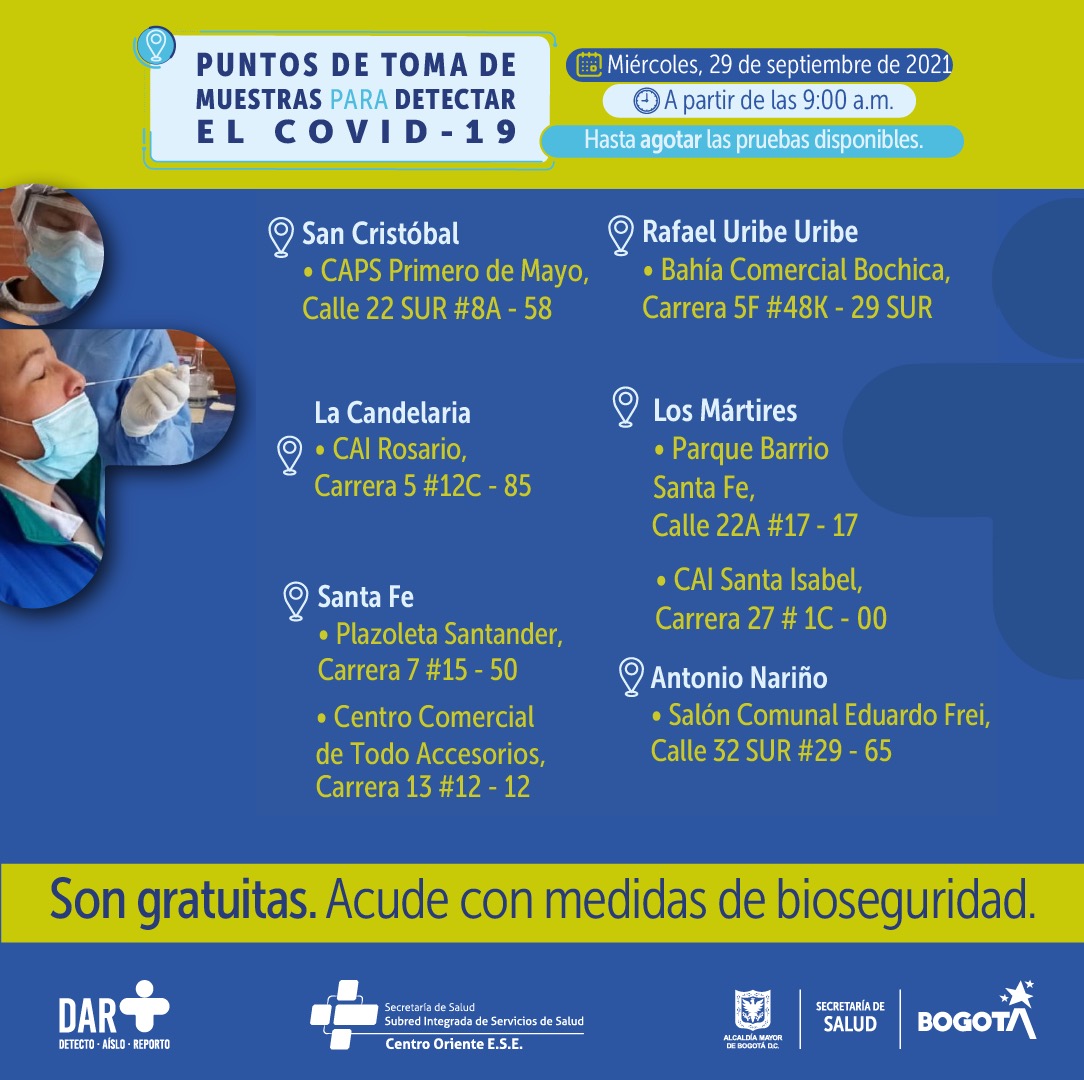 Estos son los puntos para toma de pruebas COVID-19 este miércoles en Bogotá.