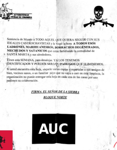 Panfleto de 2005 del Bloque Norte de las Auc registrado por el colectivo Casa Tachuelas.