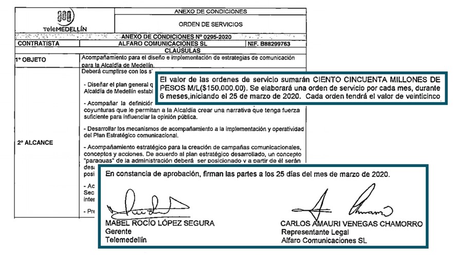 Facsímil del primer contrato de Amauri Chamorro con la Alcaldía de Medellín.