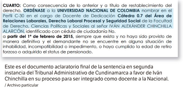 Este es el documento aclaratorio final de la sentencia en segunda instancia del Tribunal Administrativo de Cundinamarca a favor de Iván Chinchilla en su proceso para ser integrado como docente a la Nacional.
