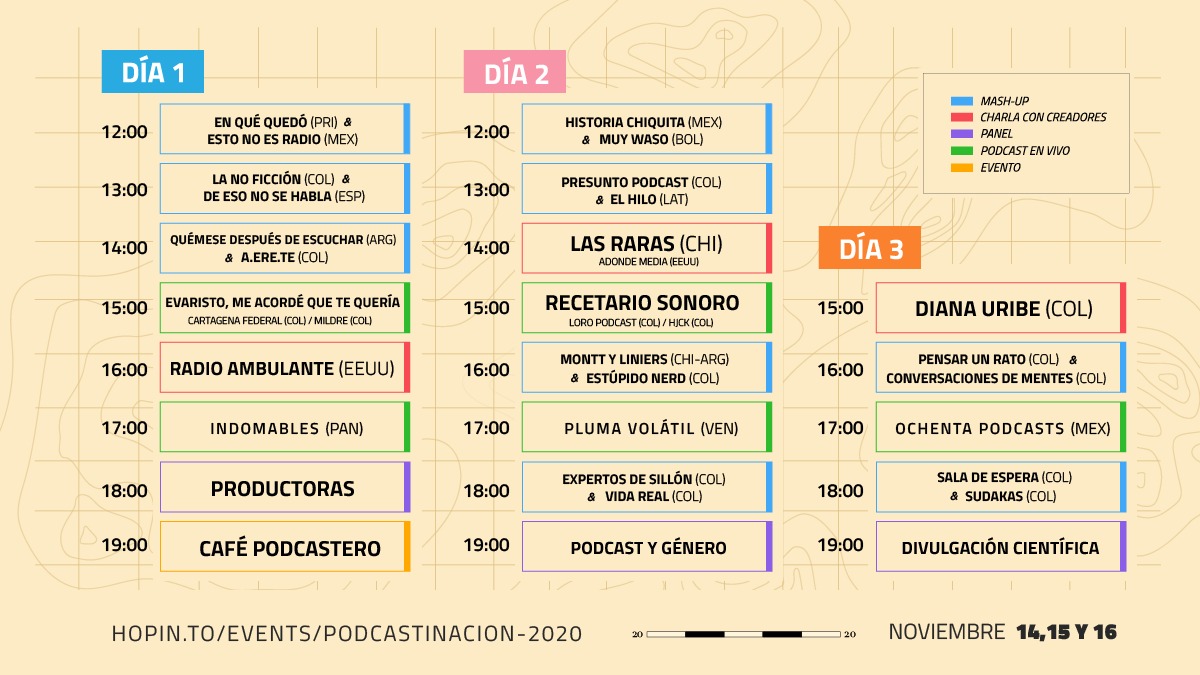 En la imagen la programación de Podcastinación, que va del 14 al 16 de noviembre.