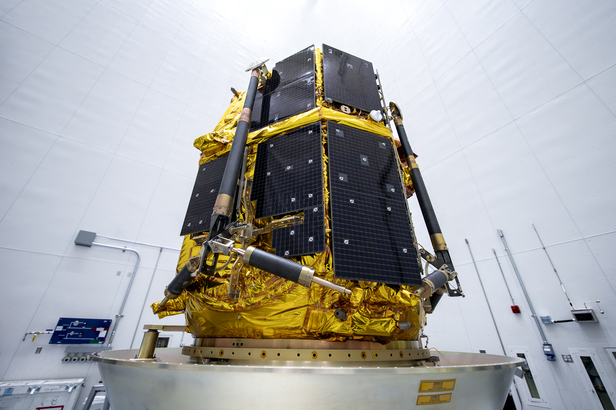 In this handout image provided by ispace, the RESILIENCE Lunar Lander is seen integrated into the SpaceX Falcon 9 Launch Vehicle Adapter seven days before the planned launch, in the Payload Processing Facility at the Cape Canaveral Space Force Station, in Cape Canaveral, Florida on Janauary 7, 2025.
