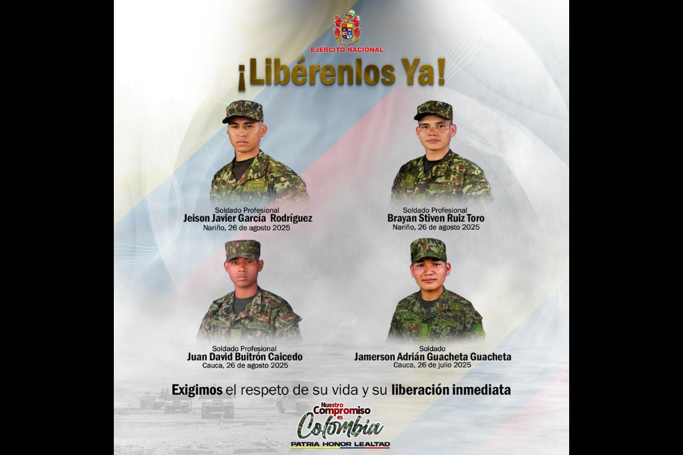 Ejército exige la liberación de cuatro soldados secuestrados en Cauca y Nariño