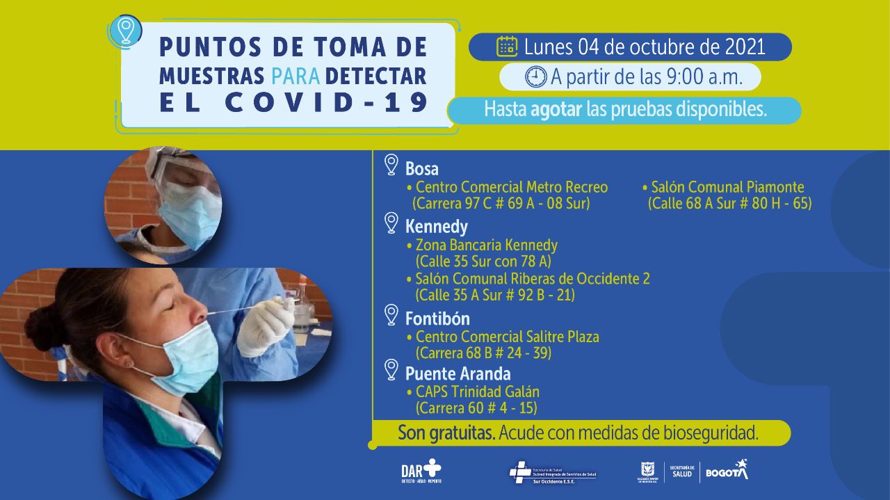 ¿Dónde hay pruebas gratuitas para Covid-19 este lunes 4 de octubre en Bogotá?