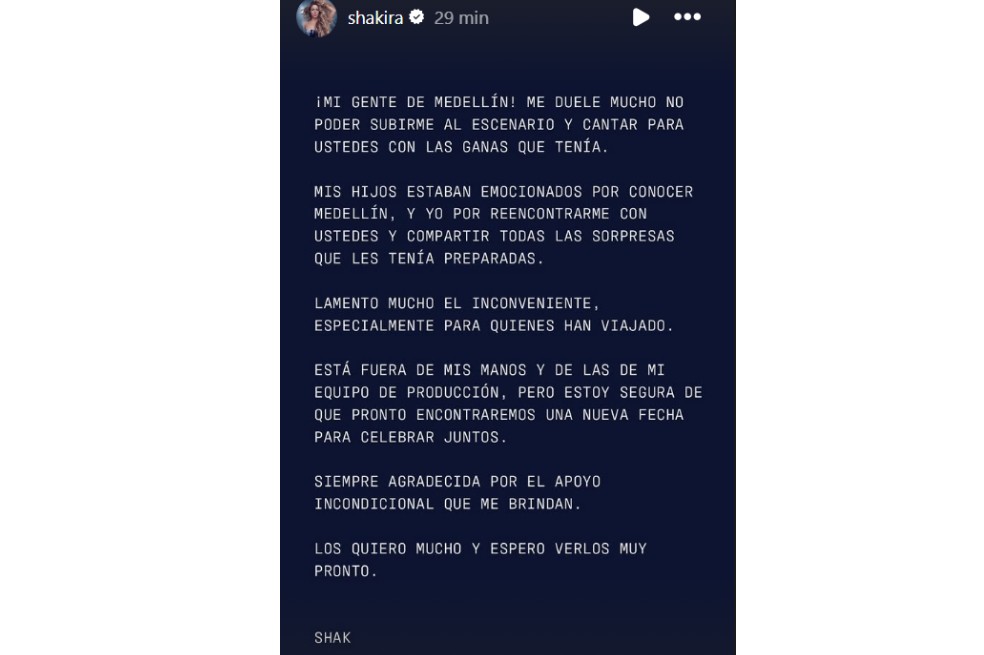 La barranquillera envió un mensaje a sus fans de Medellín, quienes se vieron afectados por la cancelación de su concierto del 24 de febrero.