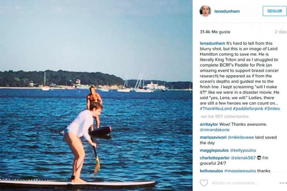 Lena Dunham tuvo que ser rescatada en medio de carrera de surf de remo
