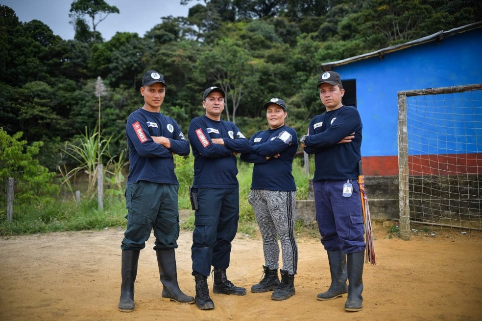 (De izq. a der.) Arnovis, Yimer, Marcela y Rusbel, excombatientes de Farc e integrantes de Humanicemos DH.