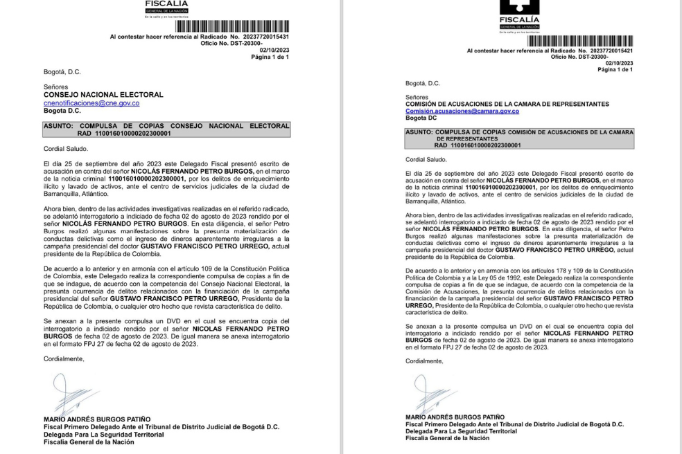 Estas son las cartas, del pasado 2 de octubre, que la Fiscalía remitió al CNE y a la Comisión de Acusaciones por las declaraciones de Nicolás Petro.