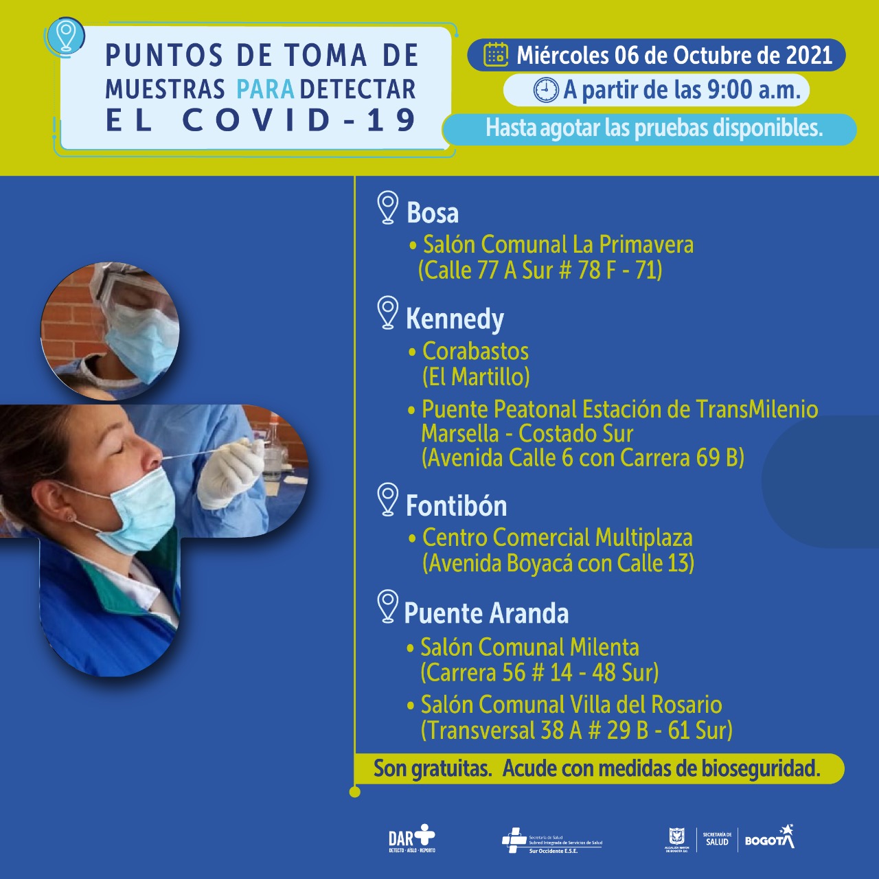 Pruebas PCR para este miércoles 6 de octubre.
