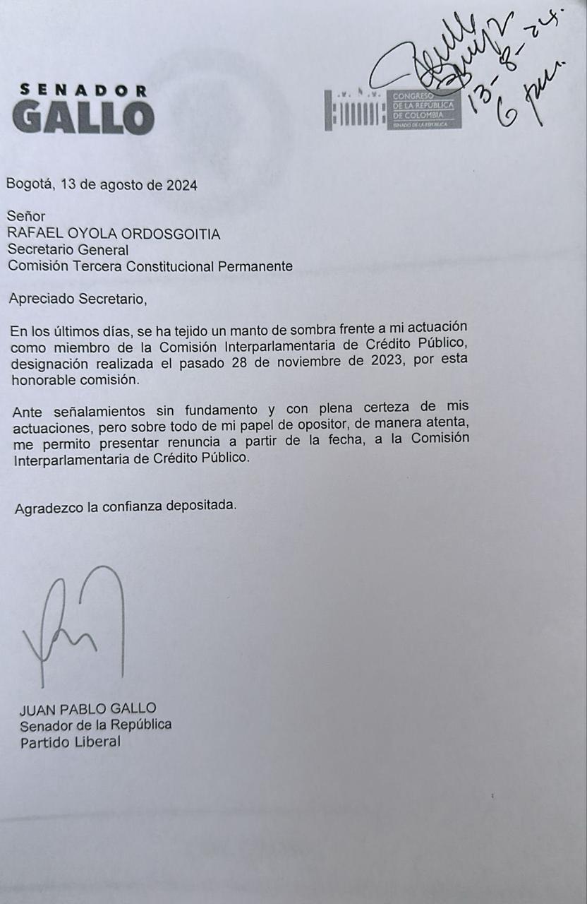 Esta es la carta de renuncia del senador Juan Pablo Gallo.
