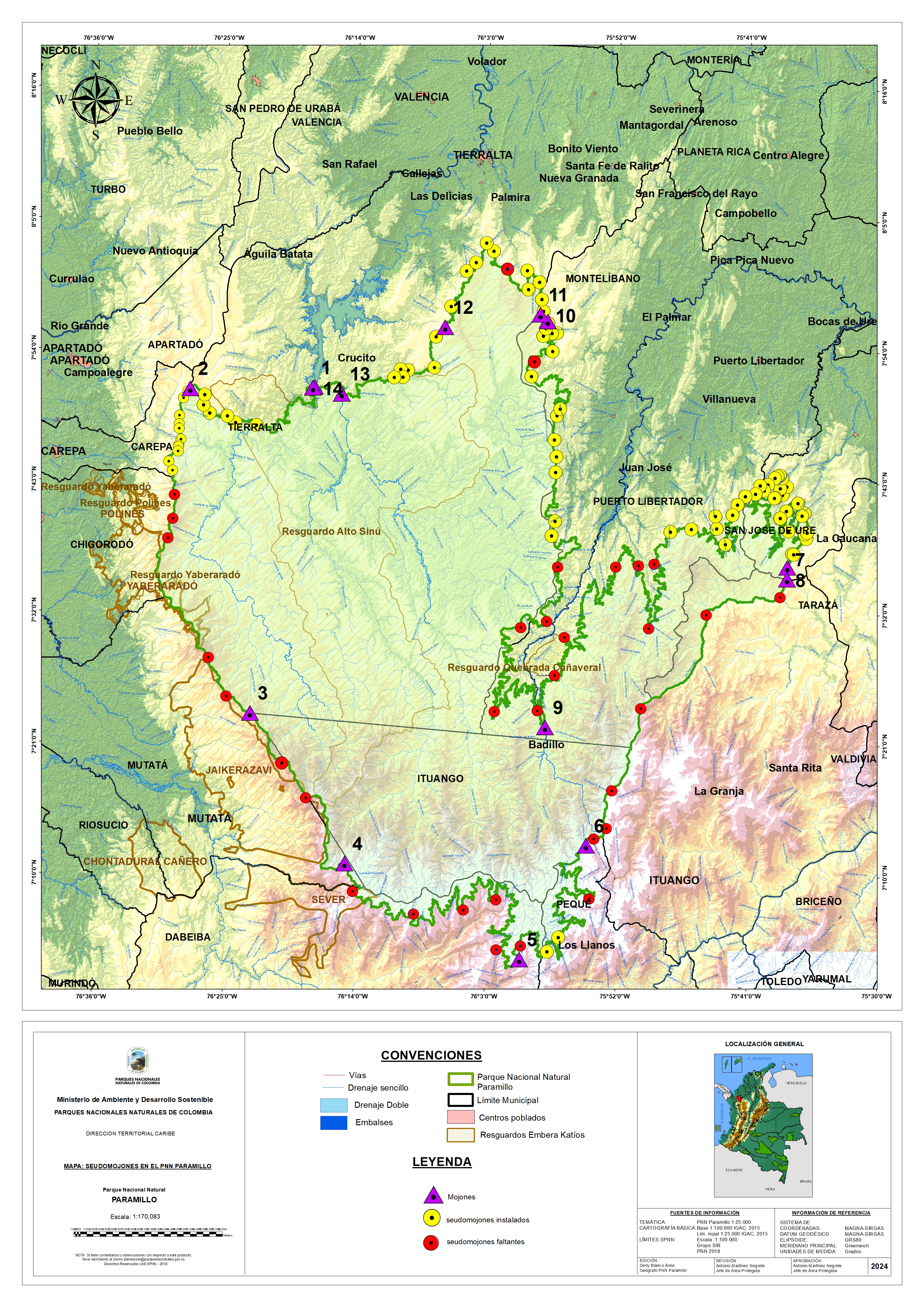 Mapa localización de instalación de pseudomojones en el PNN Paramillo