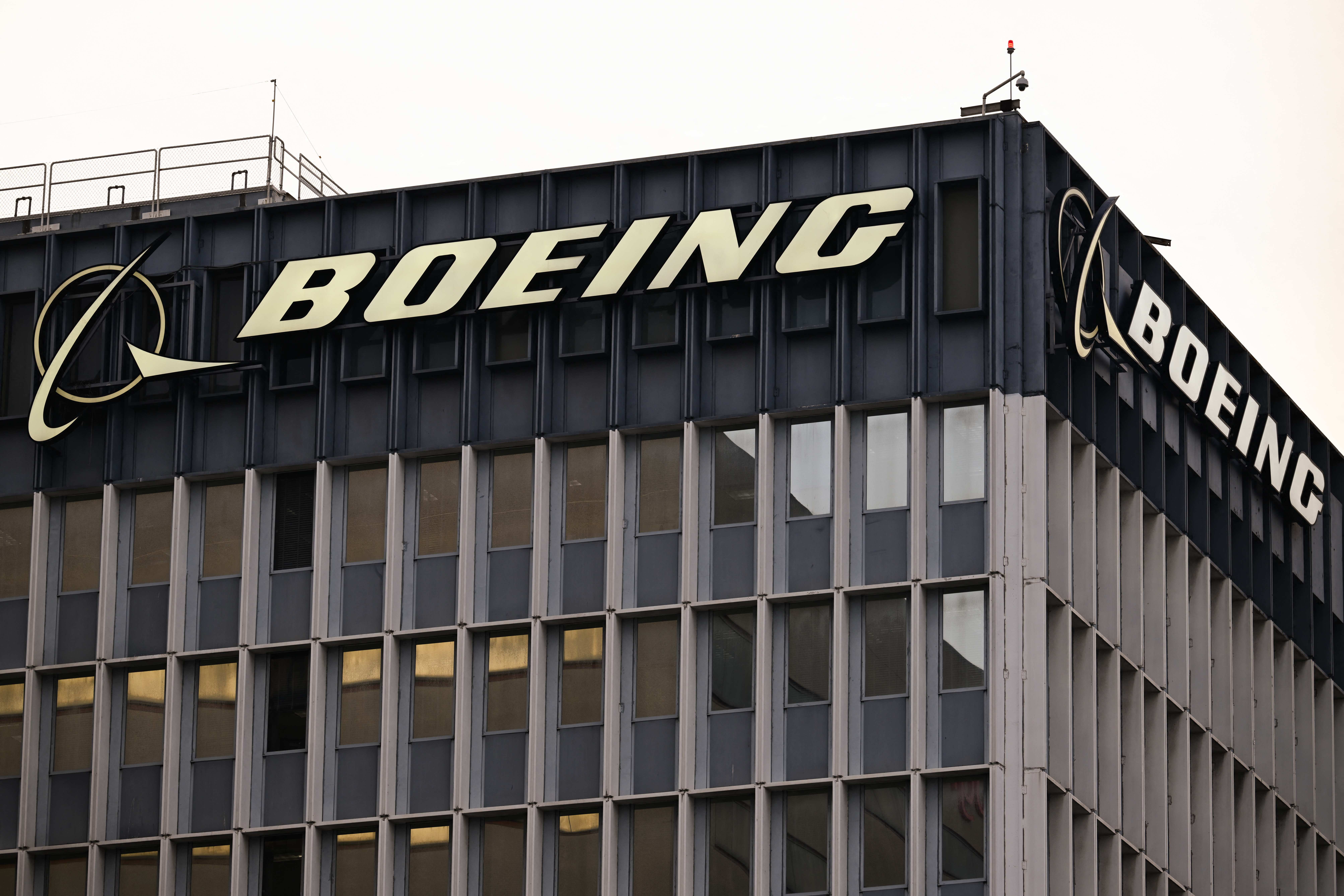 (FILES) The Boeing Co. logo is displayed outside of company offices near Los Angeles International Airport (LAX) in El Segundo, California on January 18, 2024.