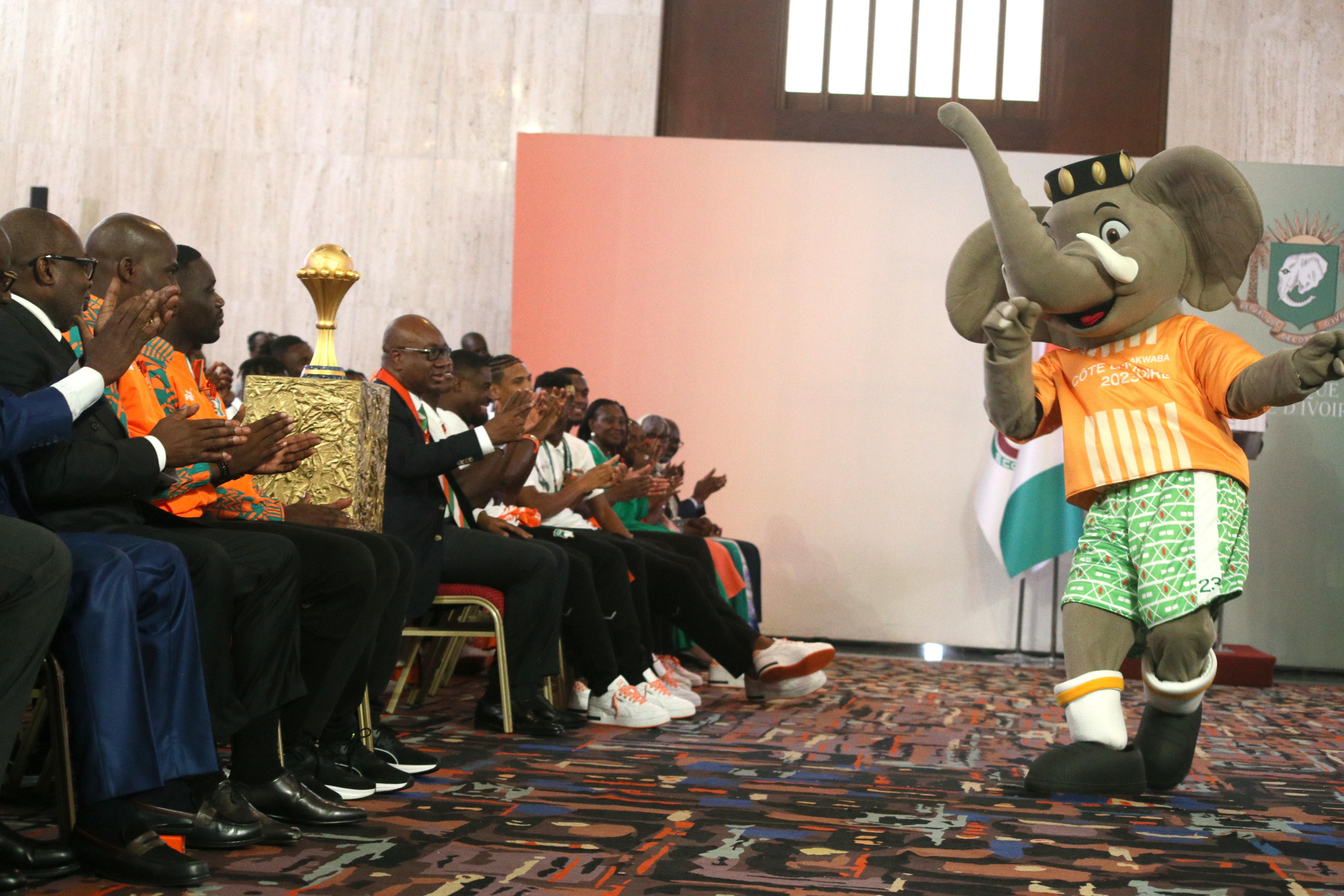 Abidjan (Cote D''ivoire), 13/02/2024.- Akwaba, the official Africa Cup of Nations mascot, dances during a reception at the Presidential Palace in Abidjan, Ivory Coast, 13 February 2024. Ivory Coast on 11 February won the CAF 2023 Africa Cup of Nations final against Nigeria. (Costa de Marfil) EFE/EPA/LEGNAN KOULA