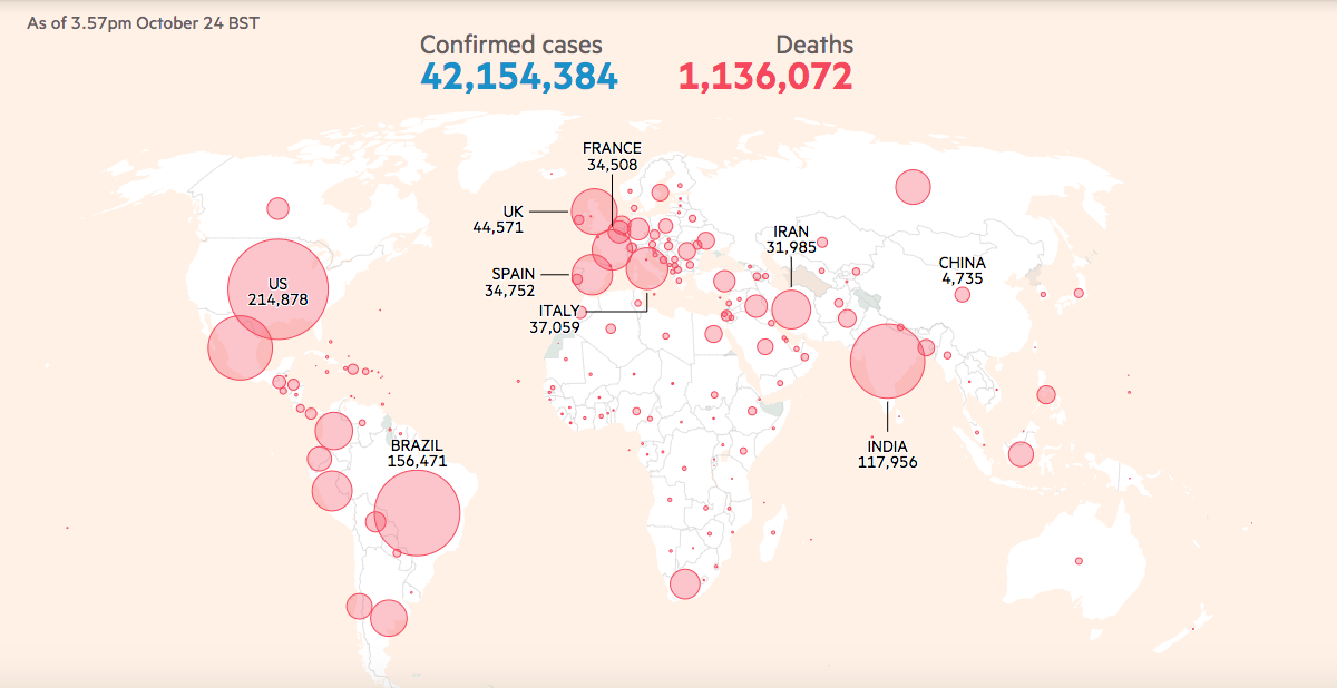 Mapa del Financial Times con la distribución de casos de coronavirus en el mundo.