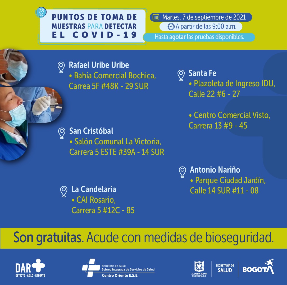 En estos puntos habrá pruebas gratuitas para COVID-19 este martes en Bogotá