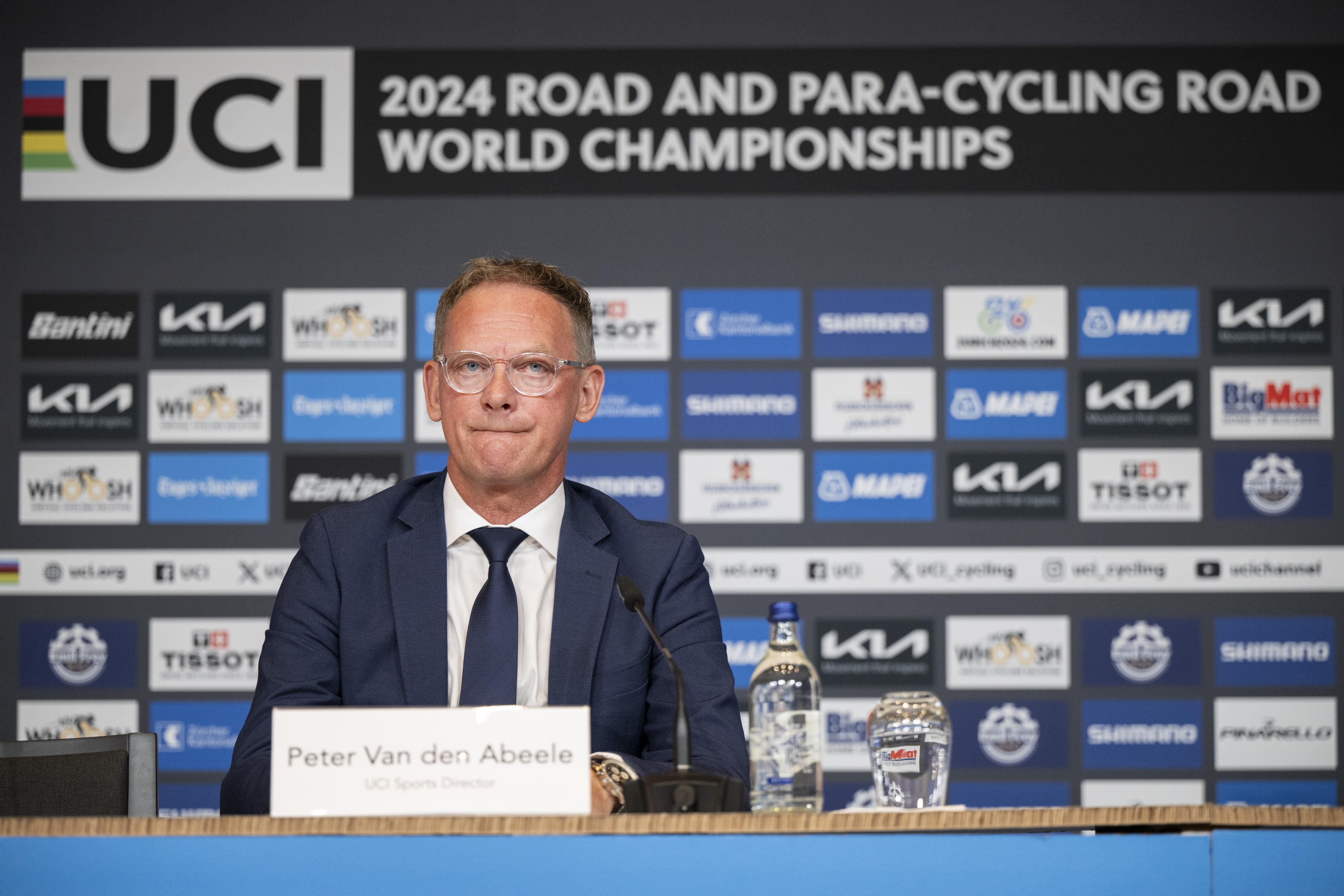Zürich (Switzerland Schweiz Suisse), 27/09/2024.- Peter Van den Abeele, UCI Sports Director attends a media conference regarding the death of young Swiss cyclist Muriel Furrer at the 2024 UCI Road and Para-cycling Road World Championships in Zurich, Switzerland, 27 September 2024. 18-year-old Swiss cyclist Muriel Furrer died from her injuries on 27 September 2024 after she crashed the previous day in the UCI Road and Para-cycling Road World Championships 2024 junior women's race. (Ciclismo, Suiza) EFE/EPA/ENNIO LEANZA