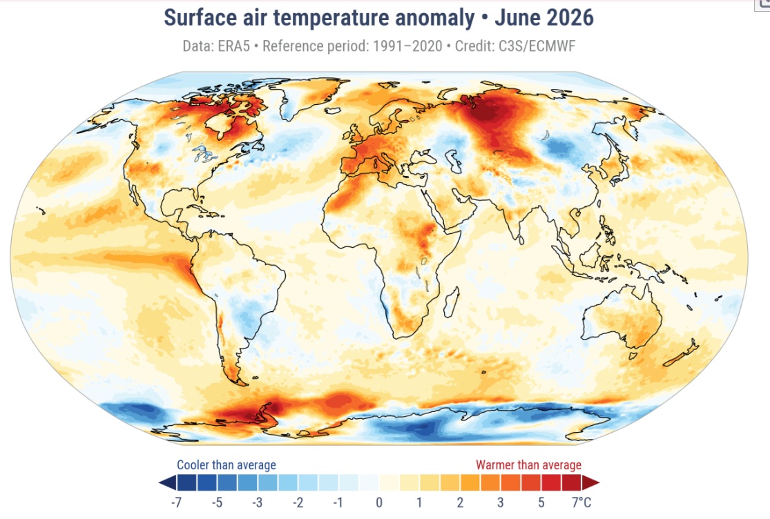 Este mapa muestra qué zonas del mundo registraron temperaturas más altas o más bajas de lo habitual durante junio de 2026.