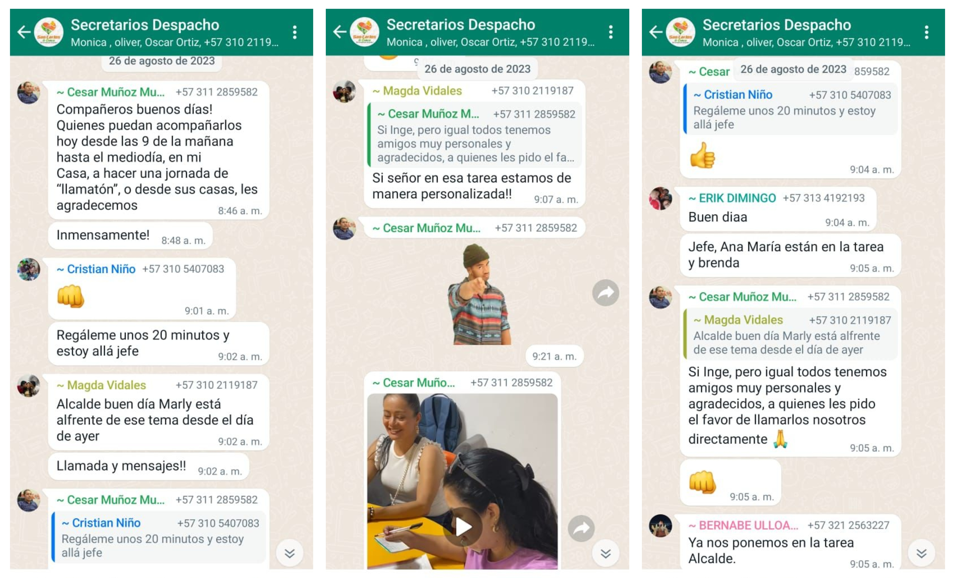 Pantallazo del cruce de mensajes entre funcionarios de la Alcaldía de San Carlos de Guaroa, en donde el alcalde César Muñoz les pedía hacer "una llamadatón" para invitar a un evento político del candidato Carlos Alberto Pineda.