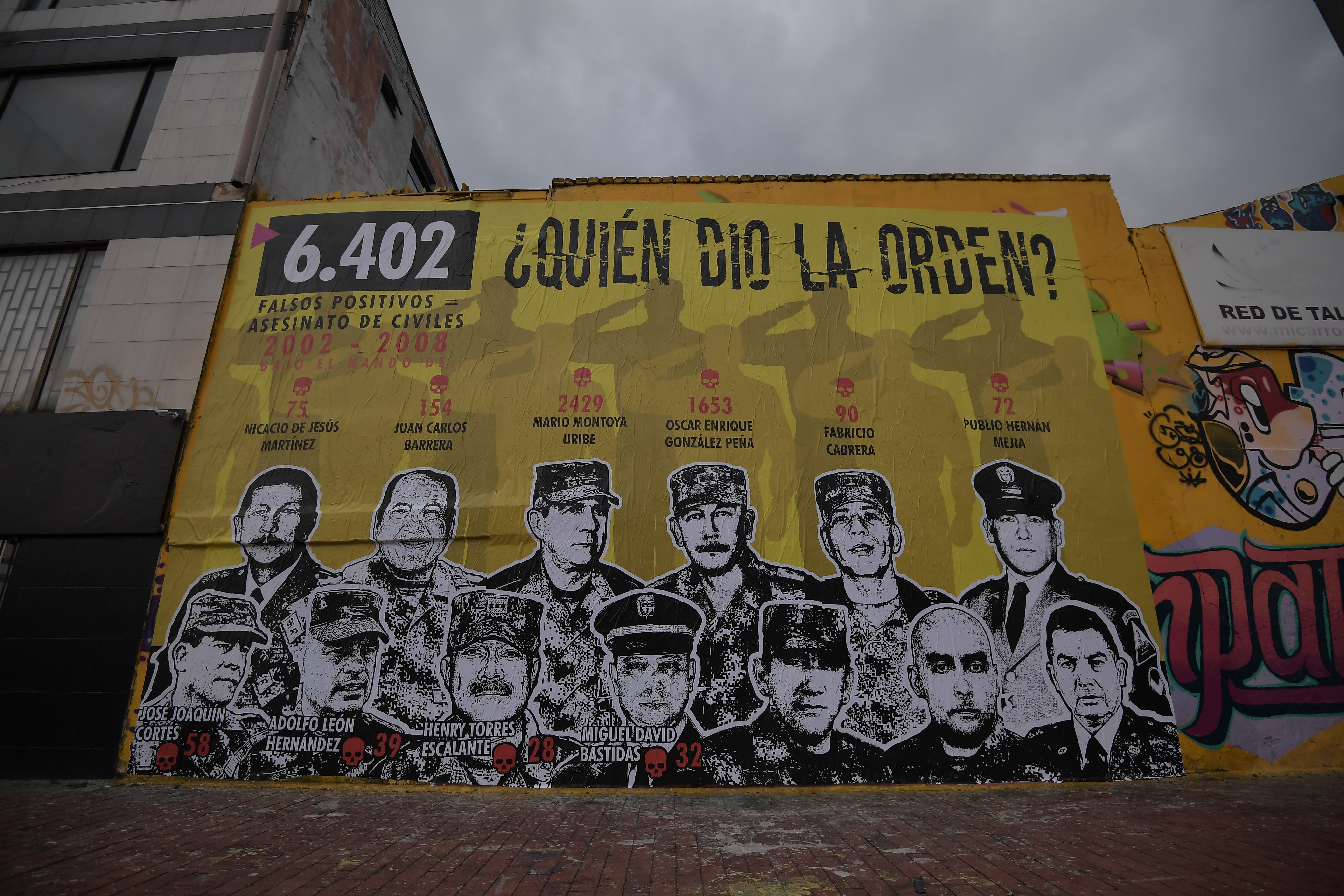 Víctimas de Falsos Positivos instalaron una vez más el mural  "¿Quién dio la orden?", el cual fue censurado y borrado por militares la primera vez.