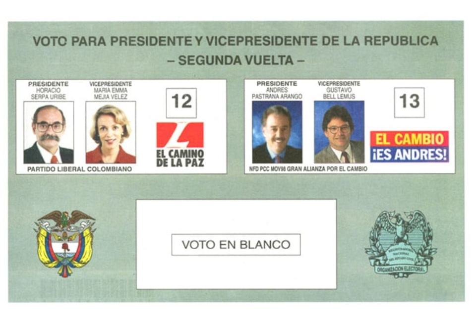 Horacio Serpa y Andrés Pastrana llegaron a una segunda vuelta con unas votaciones muy similares. Se llegó a hablar de un posible empate para la segunda manga. Sin embargo, el delfín conservador se impuso gracias al anuncio de posibles negociaciones de paz con las Farc.