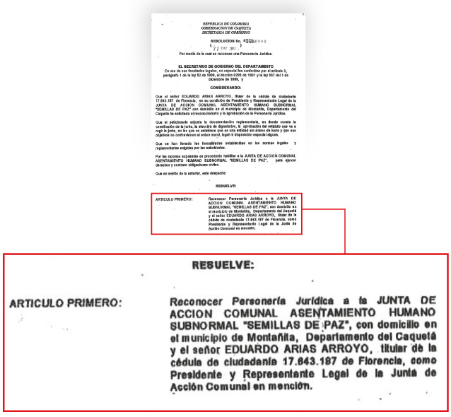 Facsímil de la resolución emitida por el departamento de Caquetá reconociendo la personería jurídica del asentamiento Semillas de Paz.