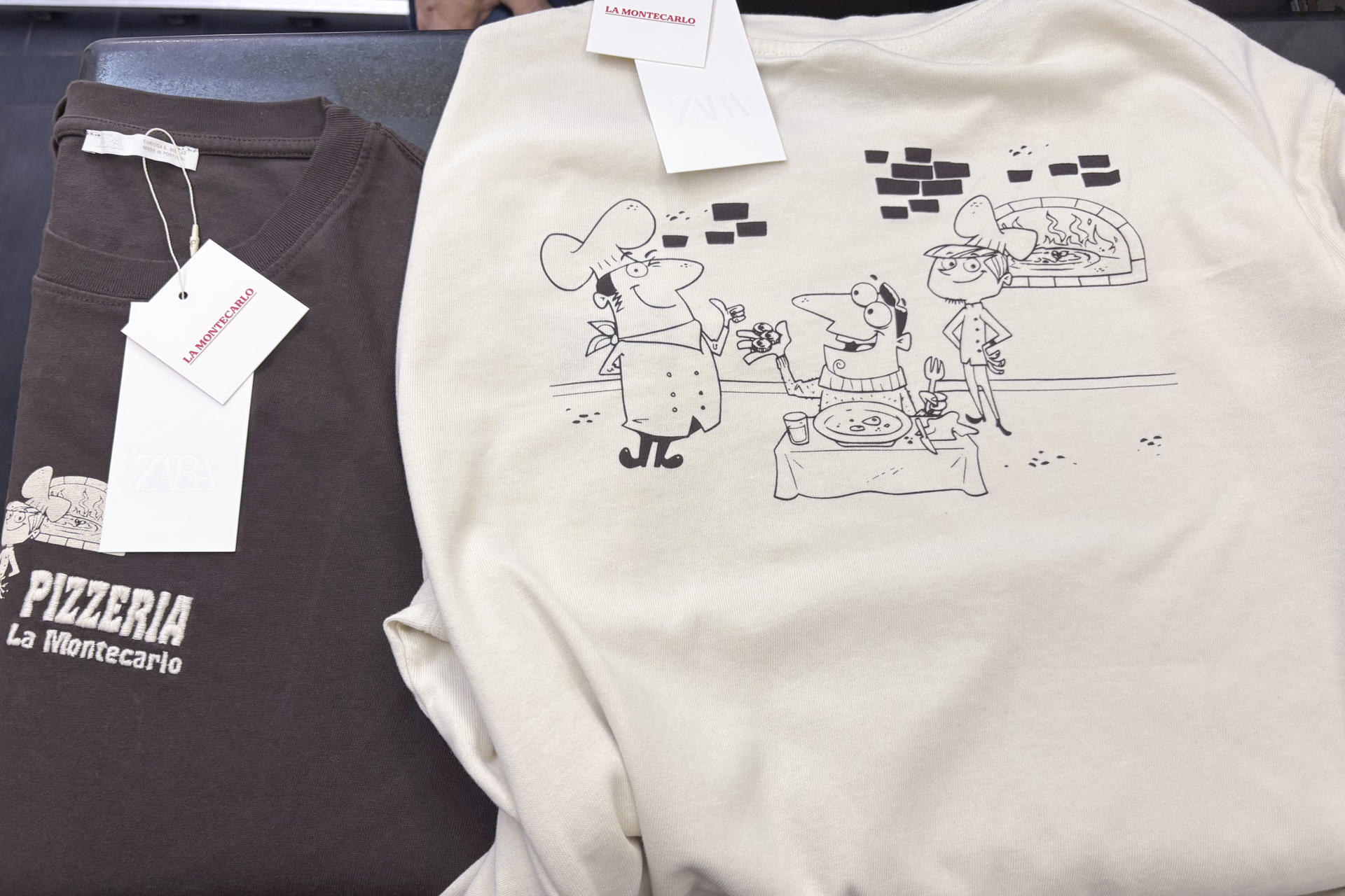 ROMA, 19/12/2025.-- La mítica pizzería romana "La Montecarlo" celebra cuatro décadas de historia con una colaboración peculiar: su logo e identidad estampados en camisetas y sudaderas de la marca española Zara, una iniciativa que ha conseguido "sintetizar cuarenta años de un local histórico de Roma", afirmó a EFE el dueño, Carlo Muzi. EFE/ Carlos Expósito