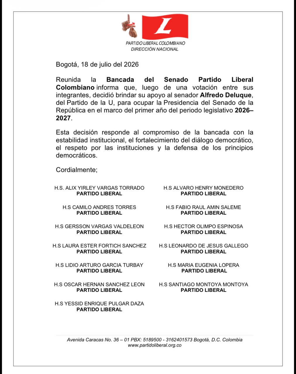 Liberales respaldarán la candidatura de Alfredo Deluque por presidencia del Senado.