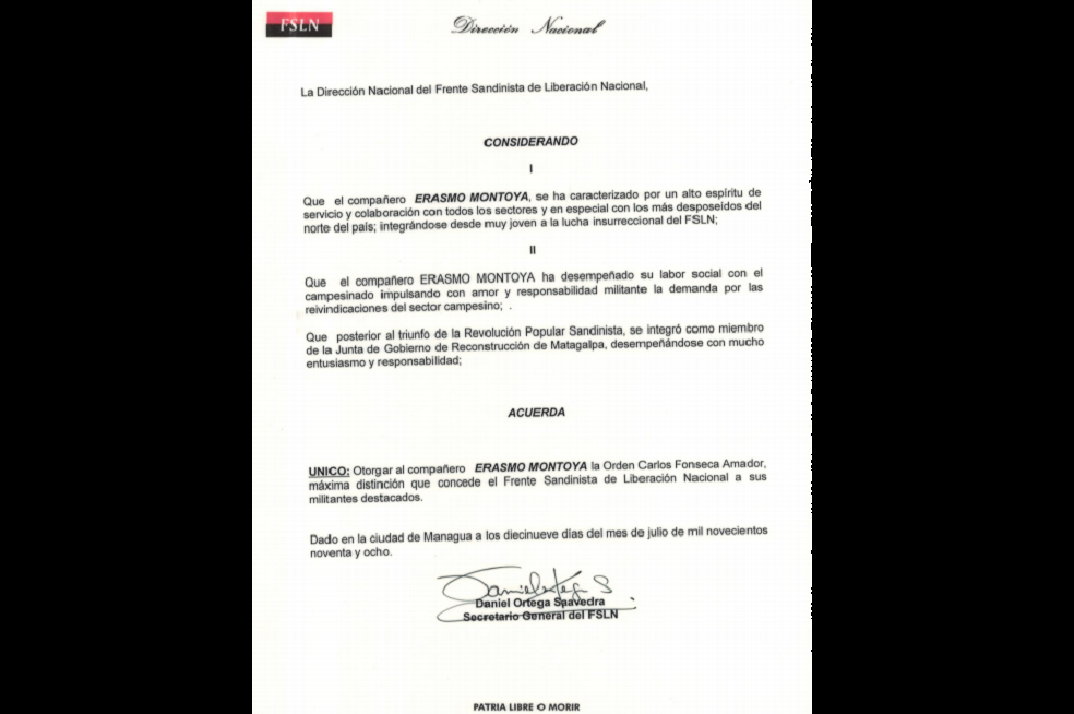 La mención honorífica "Carlos Fonseca" es la máxima distinción otorgada a los miembros del FSLN. Foto: CortesíaMarbeli Montoya