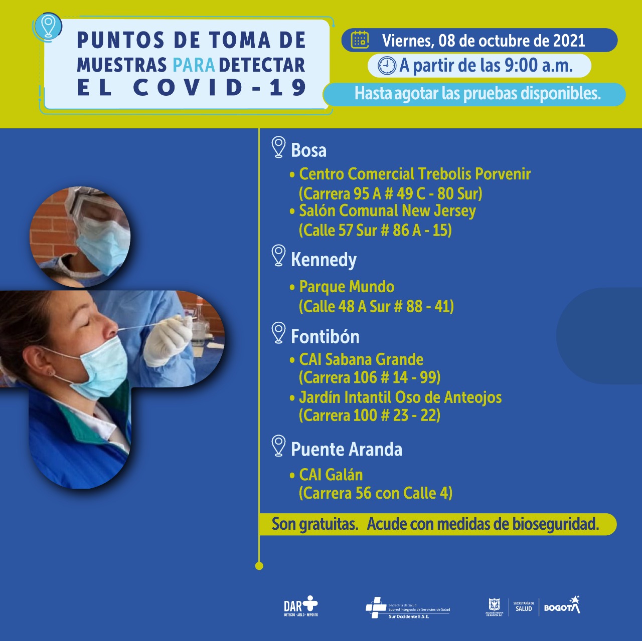 Estos son los puestos de pruebas Covid-19 para este viernes en Bogotá