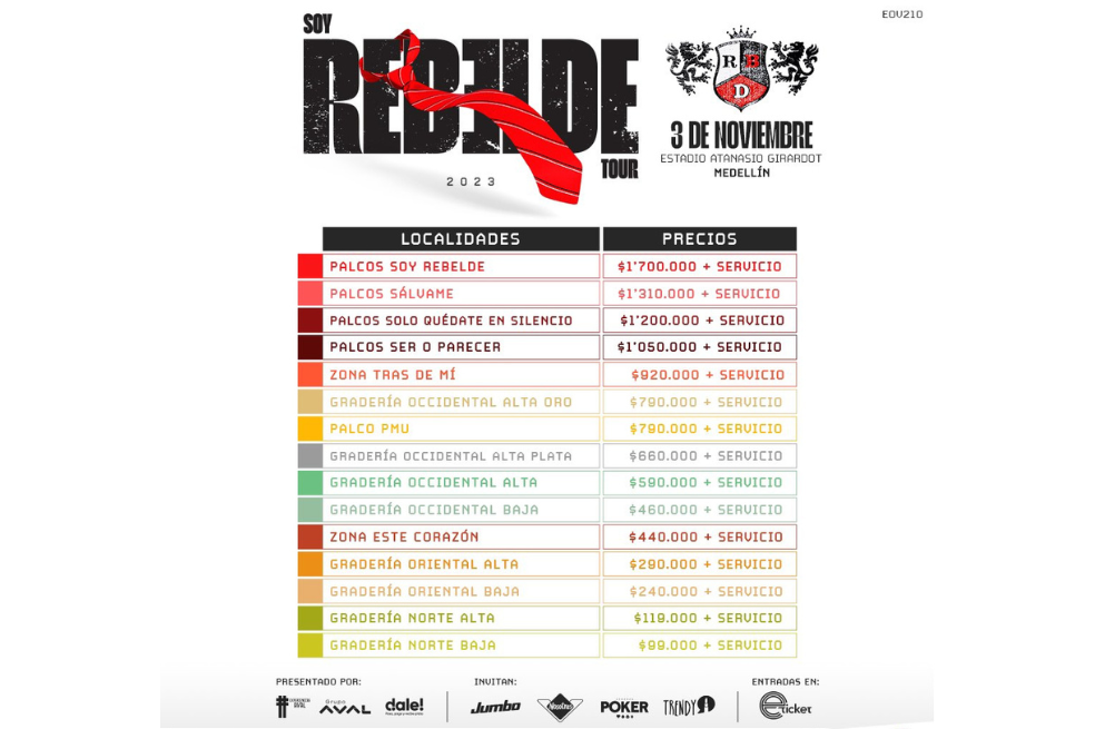 Información de boletería de "Soy Rebelde World Tour" en Medellín.