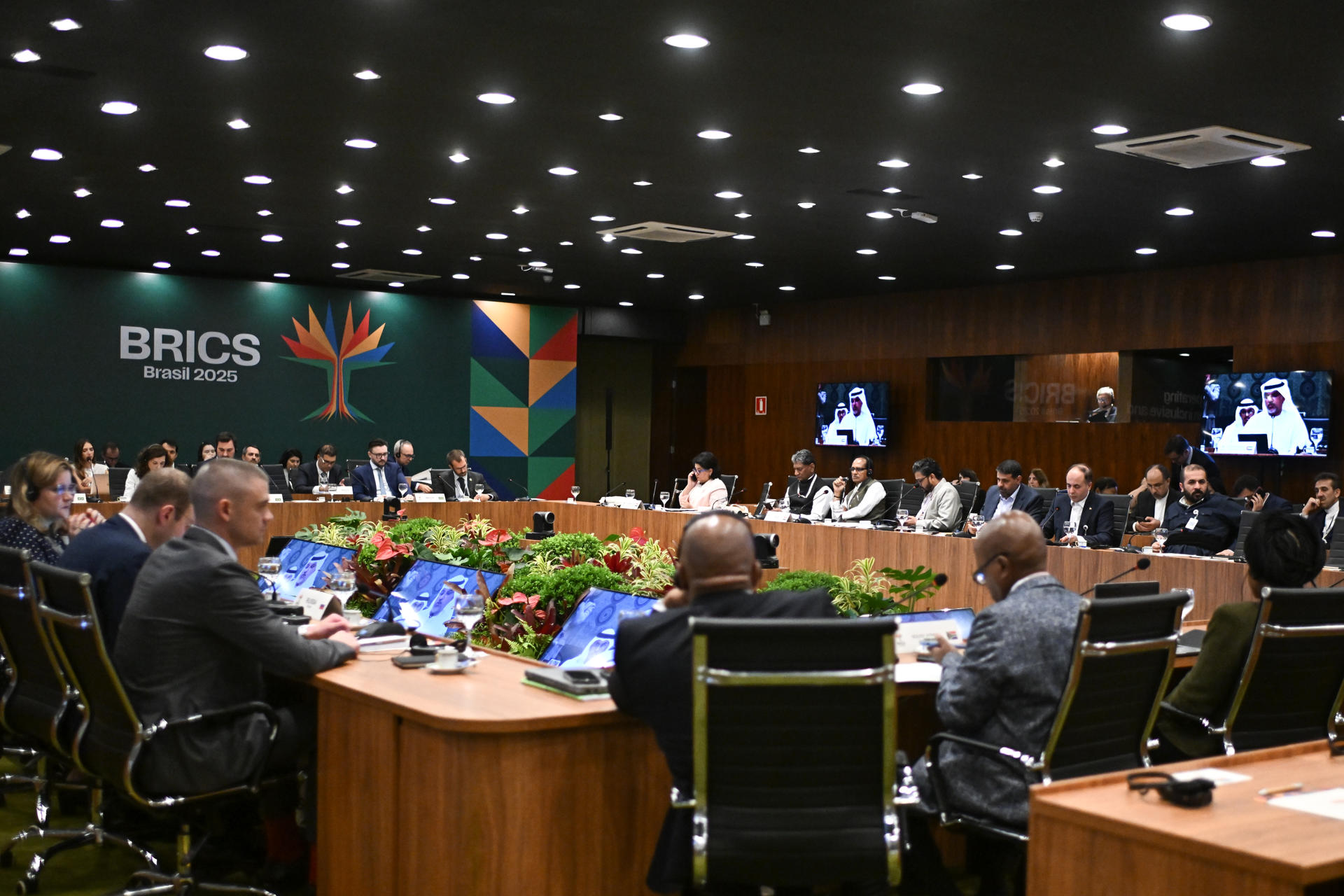 AME273. BRASILIA (BRASIL), 17/04/2025.- Fotografía de una reunión de ministros del grupo de trabajo de Agricultura del BRICS este jueves, en el Palácio Itamaraty en Brasilia (Brasil). El "proteccionismo sin precedentes" de EE.UU. llevará al foro BRICS a buscar "nuevas oportunidades", afirmó el ministro de Agricultura de Brasil, Carlos Fávaro, cuyo país ejerce la presidencia anual del grupo de economías emergentes. EFE/ Andre Borges
