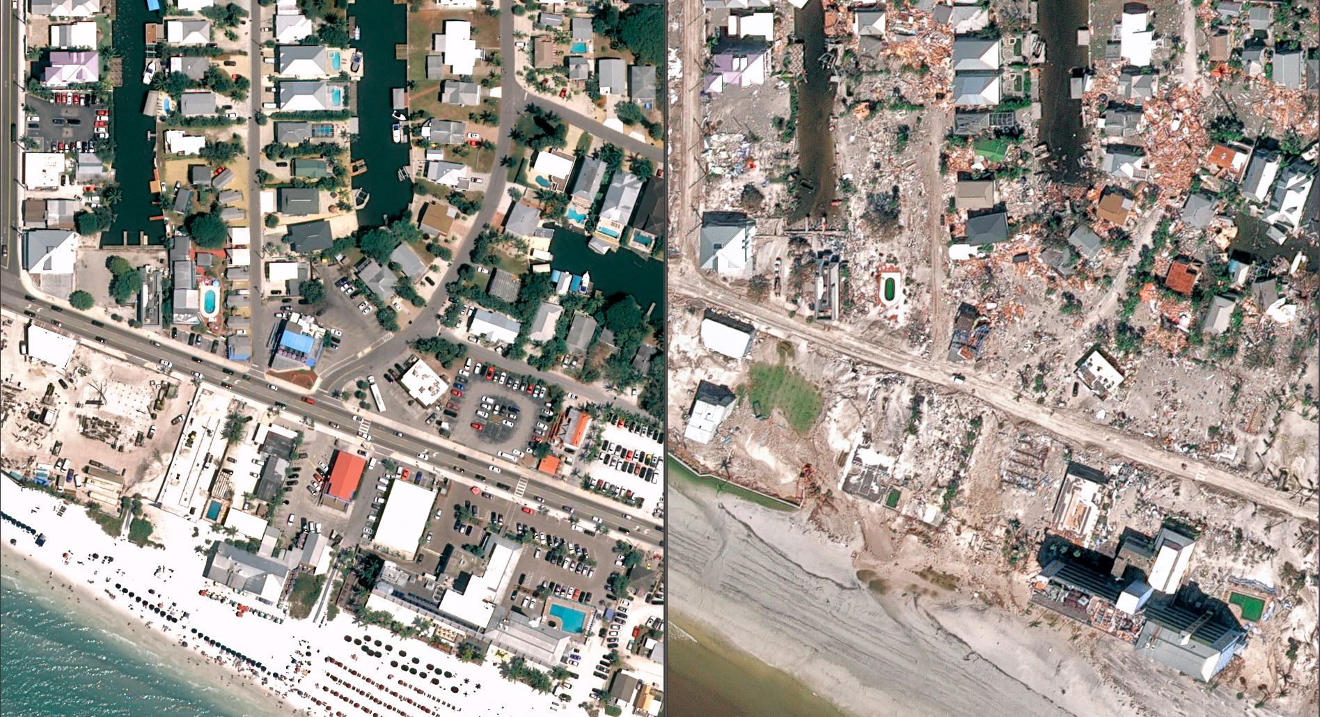 Fort Myers Beach, Florida, antes y después del paso del huracán Ian.