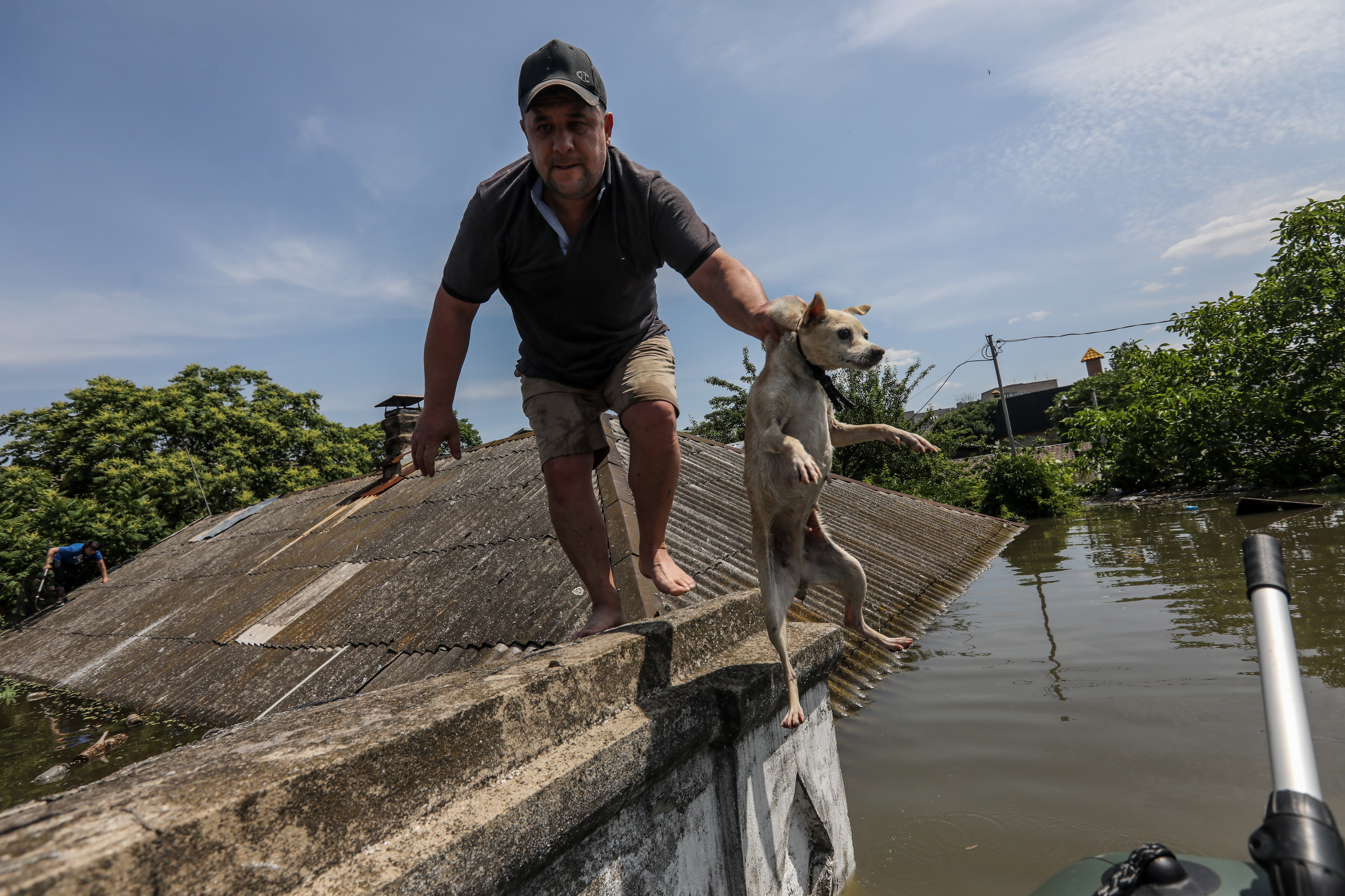 Kherson (Ukraine), 07/06/2023.- A local resident at work during the evacuation of animals from a flooded area of Kherson, Ukraine, 07 June 2023. Ukraine has accused Russian forces of destroying a critical dam and hydroelectric power plant on the Dnipro River in the Kherson region along the front line in southern Ukraine on 06 June. A number of settlements were completely or partially flooded, Kherson region governor Oleksandr Prokudin said on telegram. Russian troops entered Ukraine in February 2022 starting a conflict that has provoked destruction and a humanitarian crisis. (Rusia, Ucrania) EFE/EPA/MYKOLA TYMCHENKO